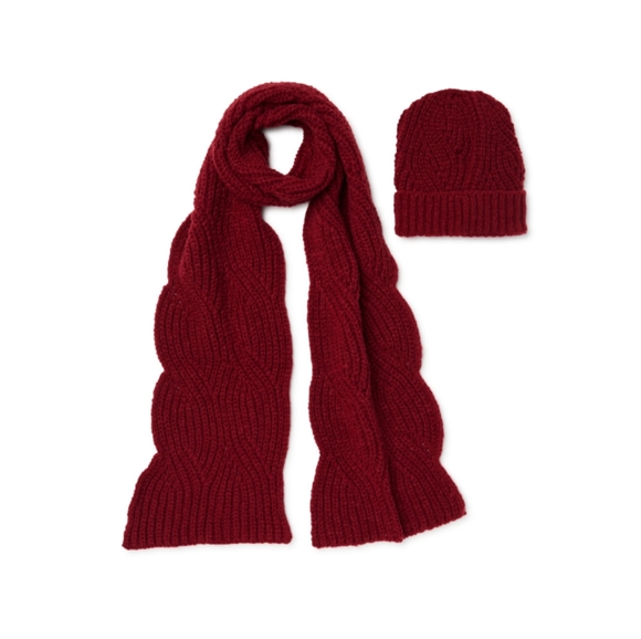 NWT T&T Rose Wine Cable Knit Ribbed Beanie & Scarf Set - Picture 2 of 3